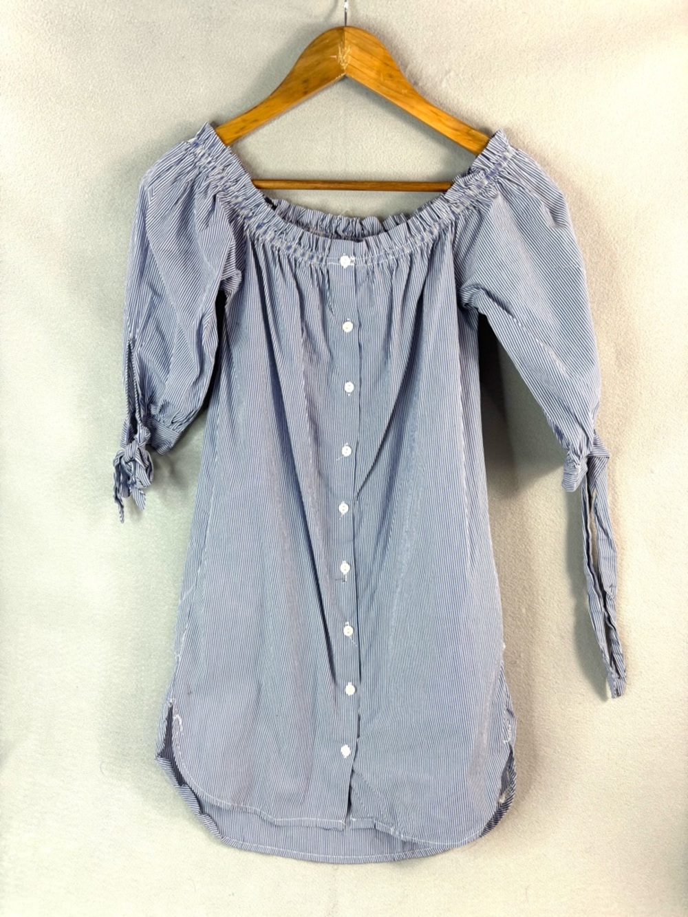 Mind Code S Preppy Blue White Striped Off-Shoulder Pocketed Mini Shirt Dress